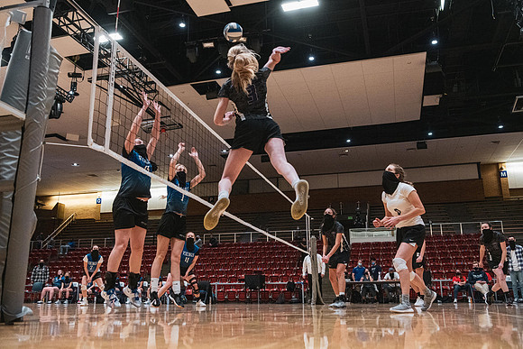 The women's volleyball championship took place in the Hart gym with COVID-19 safety precautions in place.