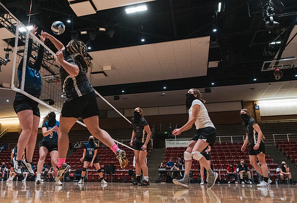The women's volleyball championship took place in the Hart gym with COVID-19 safety precautions in place.