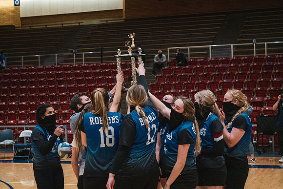 The women's volleyball championship took place in the Hart gym with COVID-19 safety precautions in place.