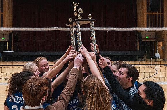 The women's volleyball championship took place in the Hart gym with COVID-19 safety precautions in place.