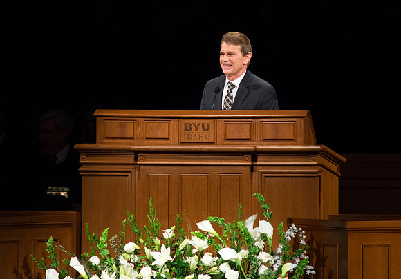 Randall L. Ridd, Second Counselor of the Young Men General Presidency, addresses young adults at the Worldwide Devotional held in the BYU-Idaho Center on Sunday, 11 January, 2015. Photo by Ryan Chase