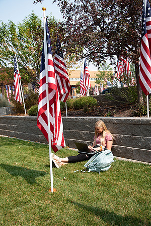 Flags all around the amphitheater in honor of Constitution day at BYU-Idaho.