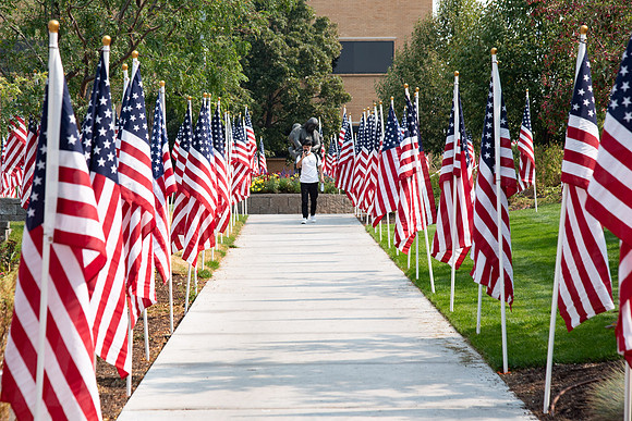 Flags all around the amphitheater in honor of Constitution day at BYU-Idaho.