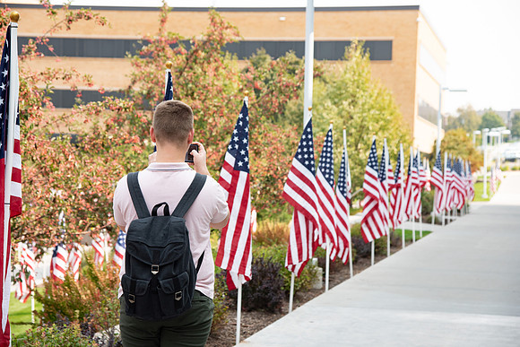 Flags all around the amphitheater in honor of Constitution day at BYU-Idaho.