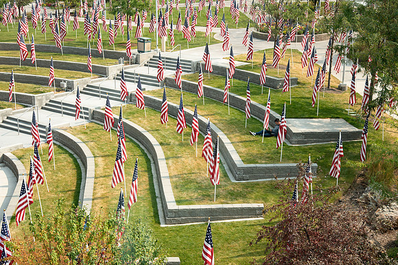 Flags all around the amphitheater in honor of Constitution day at BYU-Idaho.