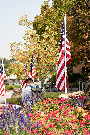 Flags all around the amphitheater in honor of Constitution day at BYU-Idaho.