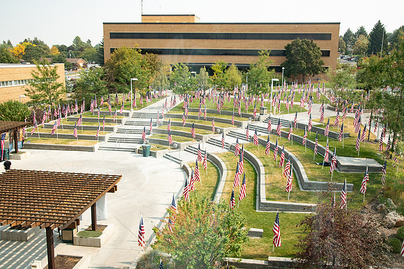 Flags all around the amphitheater in honor of Constitution day at BYU-Idaho.