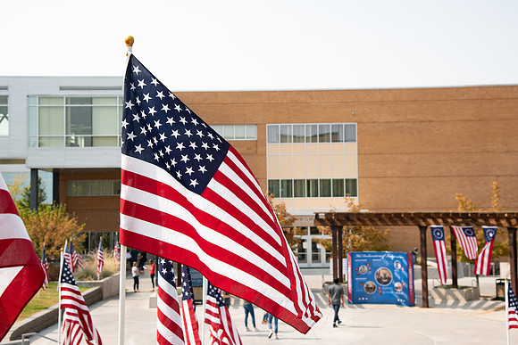 Flags all around the amphitheater in honor of Constitution day at BYU-Idaho.