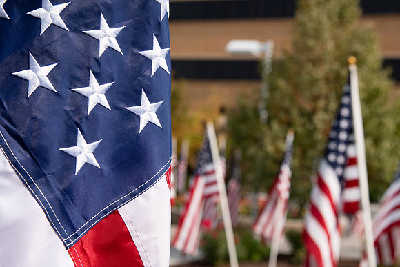 Flags all around the amphitheater in honor of Constitution day at BYU-Idaho.