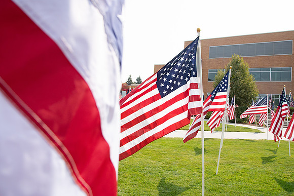 Flags all around the amphitheater in honor of Constitution day at BYU-Idaho.
