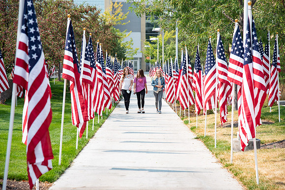 Flags all around the amphitheater in honor of Constitution day at BYU-Idaho.