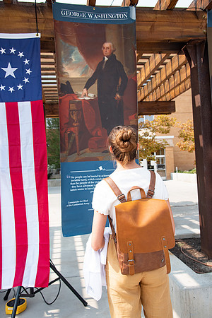 Student reading a poster about the constitution.