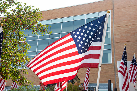 Flags all around the amphitheater in honor of Constitution day at BYU-Idaho.