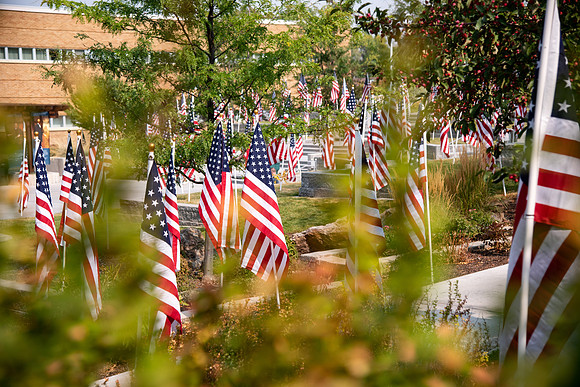 Flags all around the amphitheater in honor of Constitution day at BYU-Idaho.