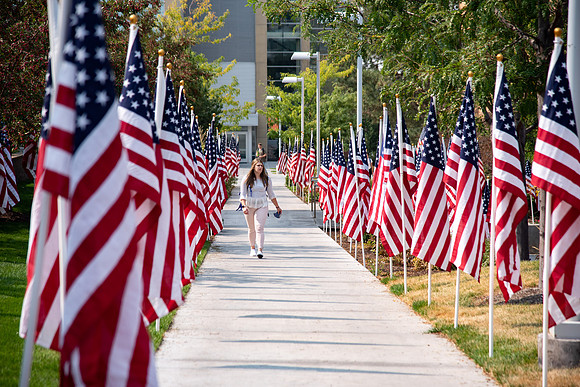 Flags all around the amphitheater in honor of Constitution day at BYU-Idaho.