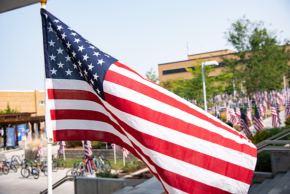 Flags all around the amphitheater in honor of Constitution day at BYU-Idaho.