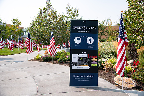Information poster about the flags placed in the amphitheater on Constitution Day at BYU-Idaho.