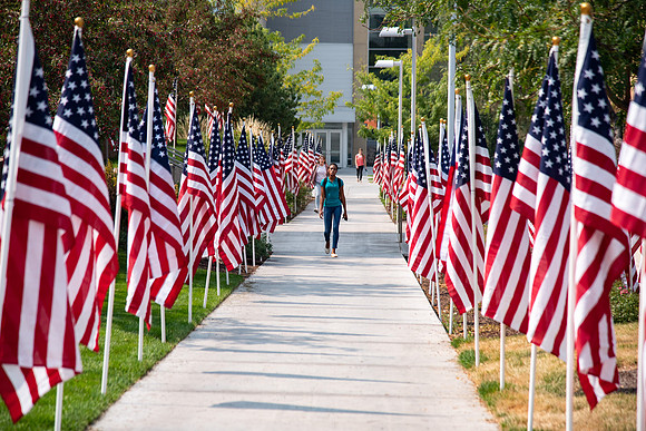 Flags all around the amphitheater in honor of Constitution day at BYU-Idaho.