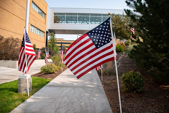 Flags all around the amphitheater in honor of Constitution day at BYU-Idaho.