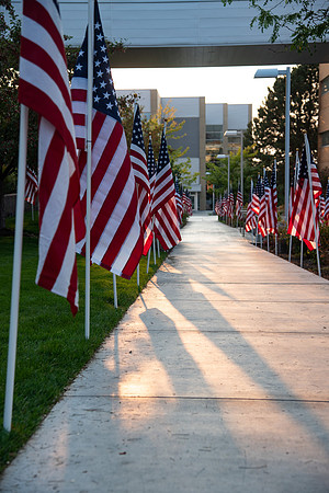 Flags all around the amphitheater in honor of Constitution day at BYU-Idaho.