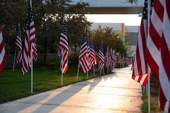 Flags all around the amphitheater in honor of Constitution day at BYU-Idaho.