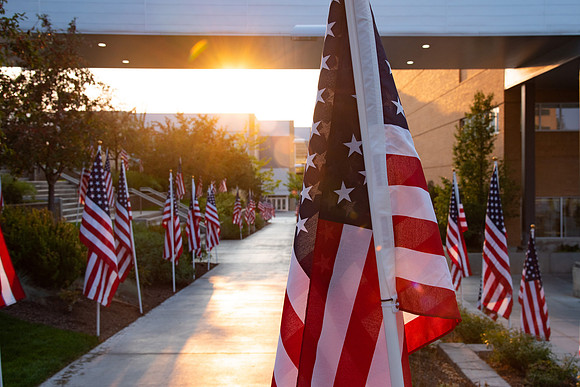 Flags all around the amphitheater in honor of Constitution day at BYU-Idaho.
