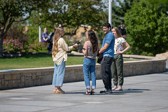 Admissions hosts a game show in the Taylor Quad. Video team behind the scenes.