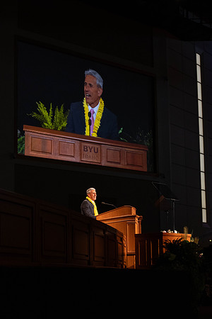 William Riggins addresses students in the I-Center for his devotional address.