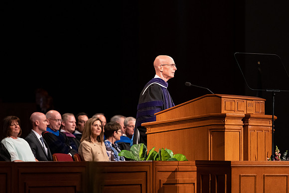 All BYU-Idaho graduates gathered in the BYU-Idaho Center for a commencement ceremony with David A. Bednar speaking.