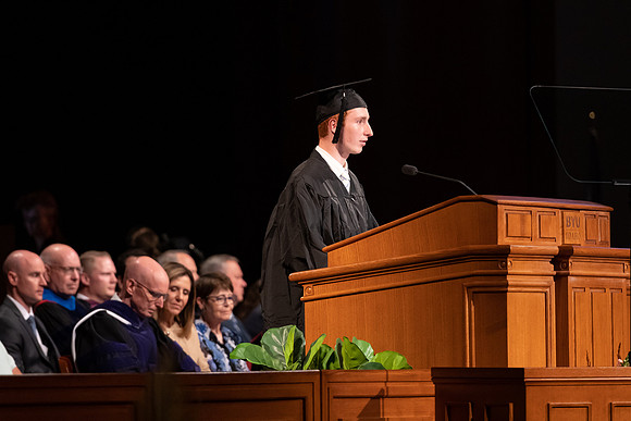 All BYU-Idaho graduates gathered in the BYU-Idaho Center for a commencement ceremony with David A. Bednar speaking.