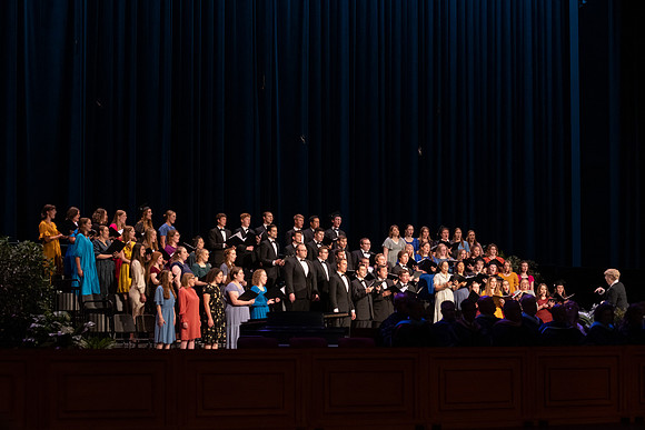 All BYU-Idaho graduates gathered in the BYU-Idaho Center for a commencement ceremony with David A. Bednar speaking.