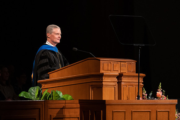 All BYU-Idaho graduates gathered in the BYU-Idaho Center for a commencement ceremony with David A. Bednar speaking.