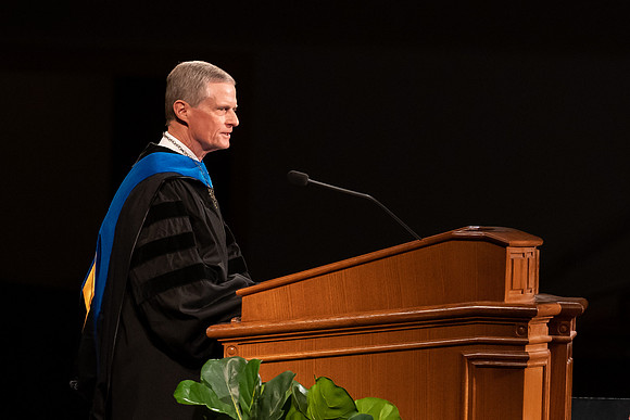 All BYU-Idaho graduates gathered in the BYU-Idaho Center for a commencement ceremony with David A. Bednar speaking.