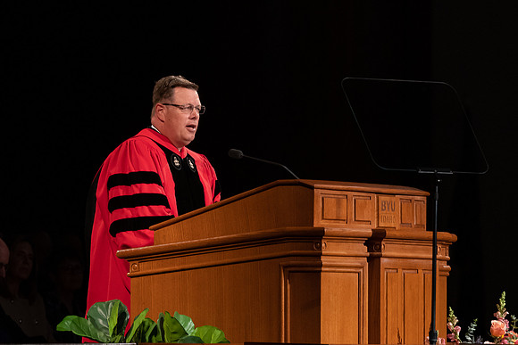 All BYU-Idaho graduates gathered in the BYU-Idaho Center for a commencement ceremony with David A. Bednar speaking.