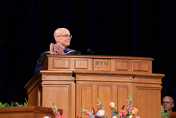 Students graduating from the class of July 2023, at BYU-Idaho. Elder Bedner gives the commencement speech.