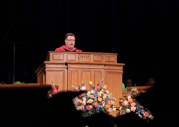 Students graduating from the class of July 2023, at BYU-Idaho. Elder Bedner gives the commencement speech.
