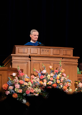 Students graduating from the class of July 2023, at BYU-Idaho. Elder Bedner gives the commencement speech.