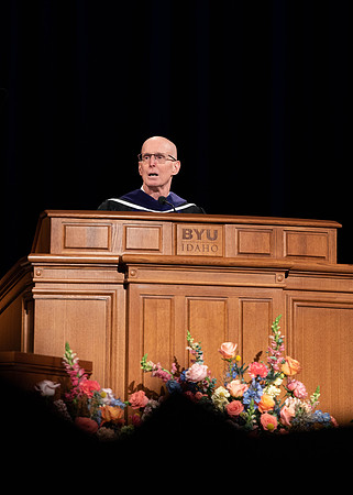 Students graduating from the class of July 2023, at BYU-Idaho. Elder Bedner gives the commencement speech.