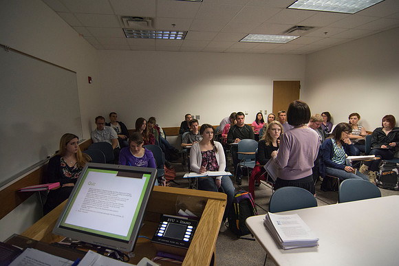 Sister Glenn talks to her English class held in the Kimball 245 during the 2014 Spring Semester.