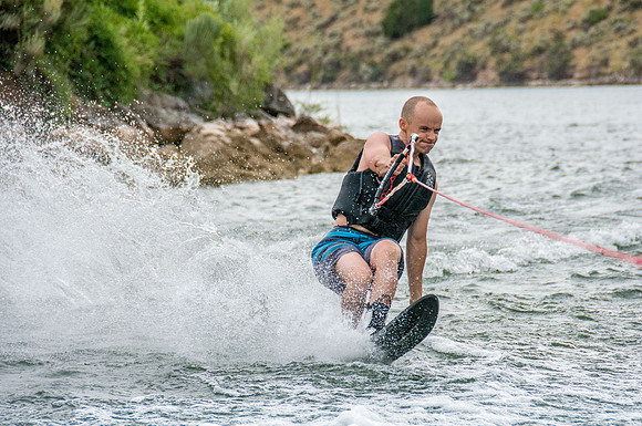 Stephen Mendenhall waterskiing at Ririe Reservoir. - Aug 2019