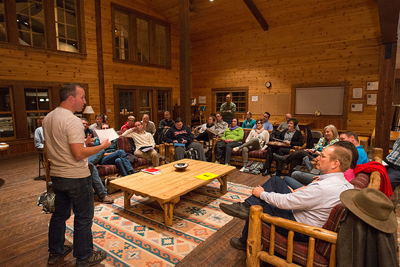 Retreat for teachers at the Sky Mountain Lodge in Victor, Idaho. Participants share a favorite book.