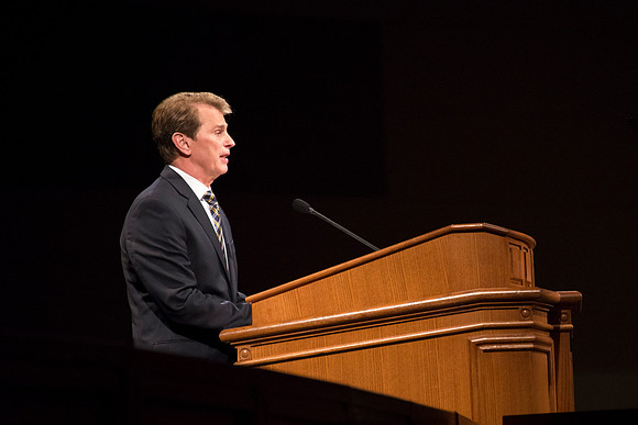 Brother Randall L. Ridd, Second Counselor in the Young Men general presidency, speaks in the BYU-Idaho Center for the World Wide Devotional.