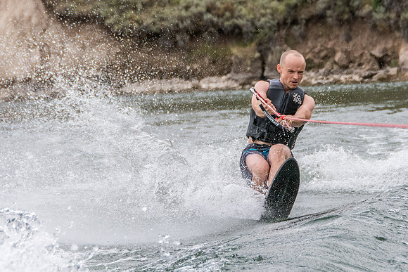 Stephen Mendenhall waterskiing at Ririe Reservoir. - Aug 2019