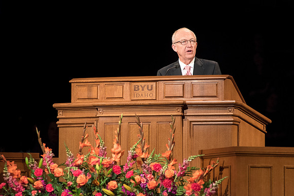 Elder Don R. Clarke, Emeritus General Authority, speaks to BYU-Idaho students at devotional. Photo by Ryan Chase