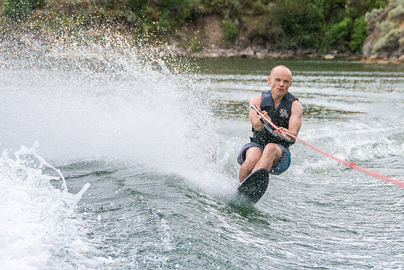 Stephen Mendenhall waterskiing at Ririe Reservoir. - Aug 2019