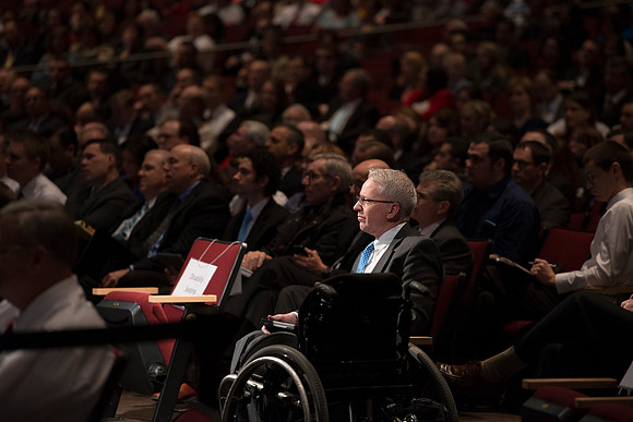 President Gilbert and Elder David A. Bednar Have a Q&A style meeting for the BYU-Idaho employees. Elder Bednar was the President during the transition of Ricks College to BYU-Idaho.