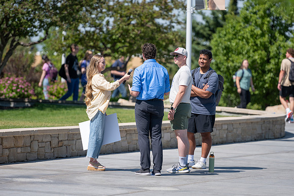 Admissions hosts a game show in the Taylor Quad. Video team behind the scenes.