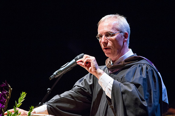 Kelly Burgener gives a few remarks during Performing and Visual Arts College Convocation during the Spring Semester Graduation in the Snow Building. Photo by Tyler Rickenbach