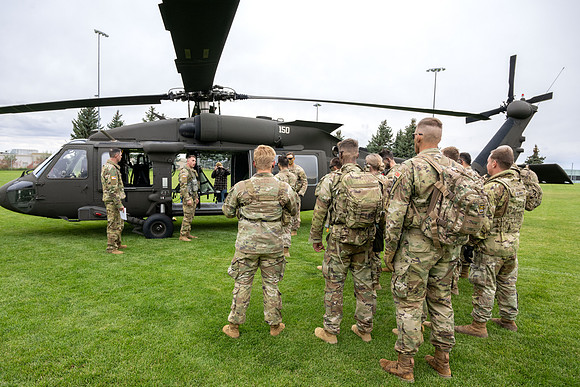 ROTC cadets get the opportunity to fly in a Blackhawk helicopter to their training site.
