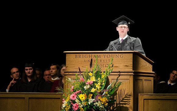 Kevin B. Poaletti, Economics and Business Major, addresses family, friends and graduates during Convocation in the Hart Auditorium during the 2014 Winter Semester Gradation at BYU-Idaho. Photo by Tyle